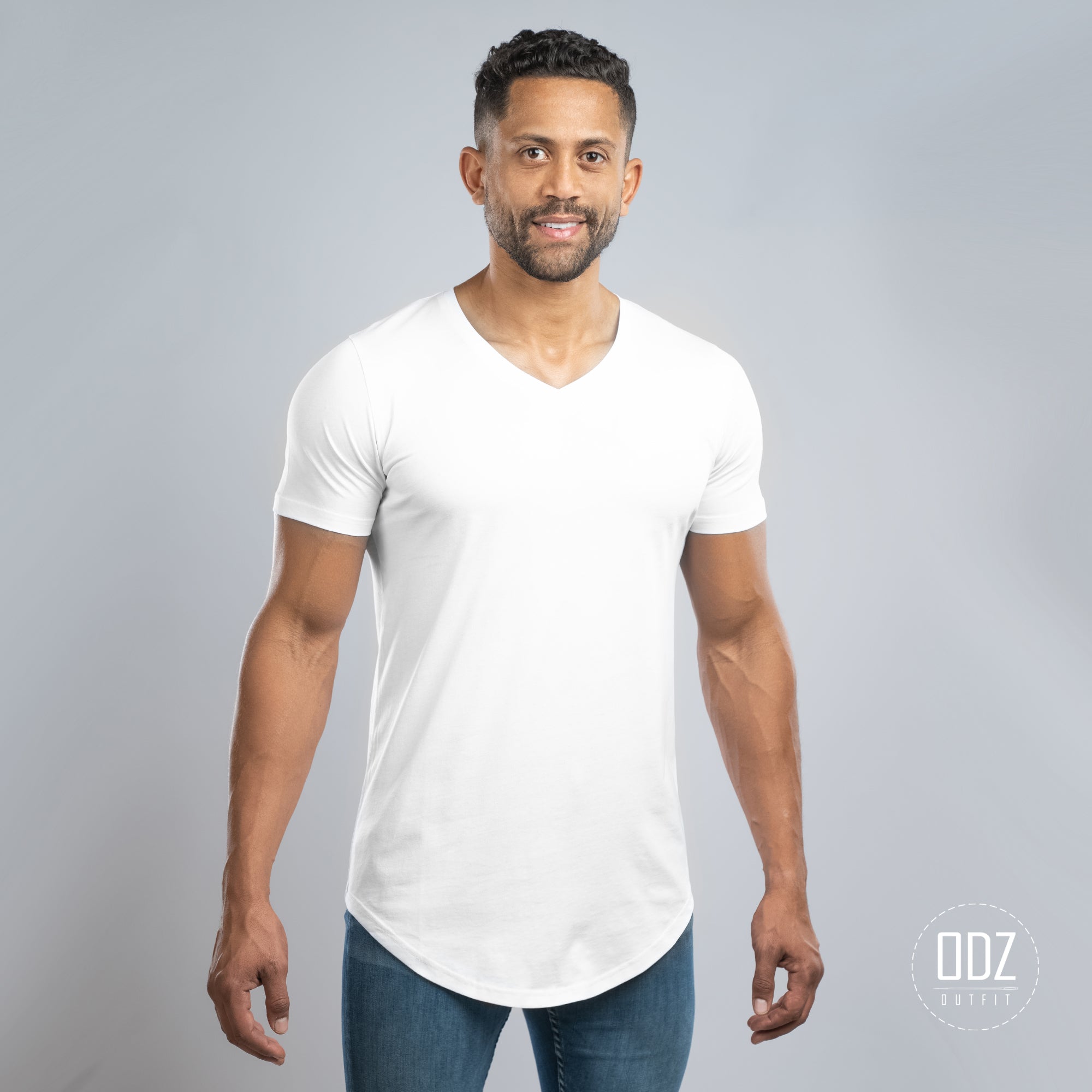 White Curved V Neck T-shirt