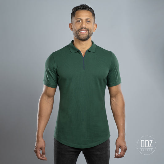 Olive Green Curved Zipper Polo T-shirt