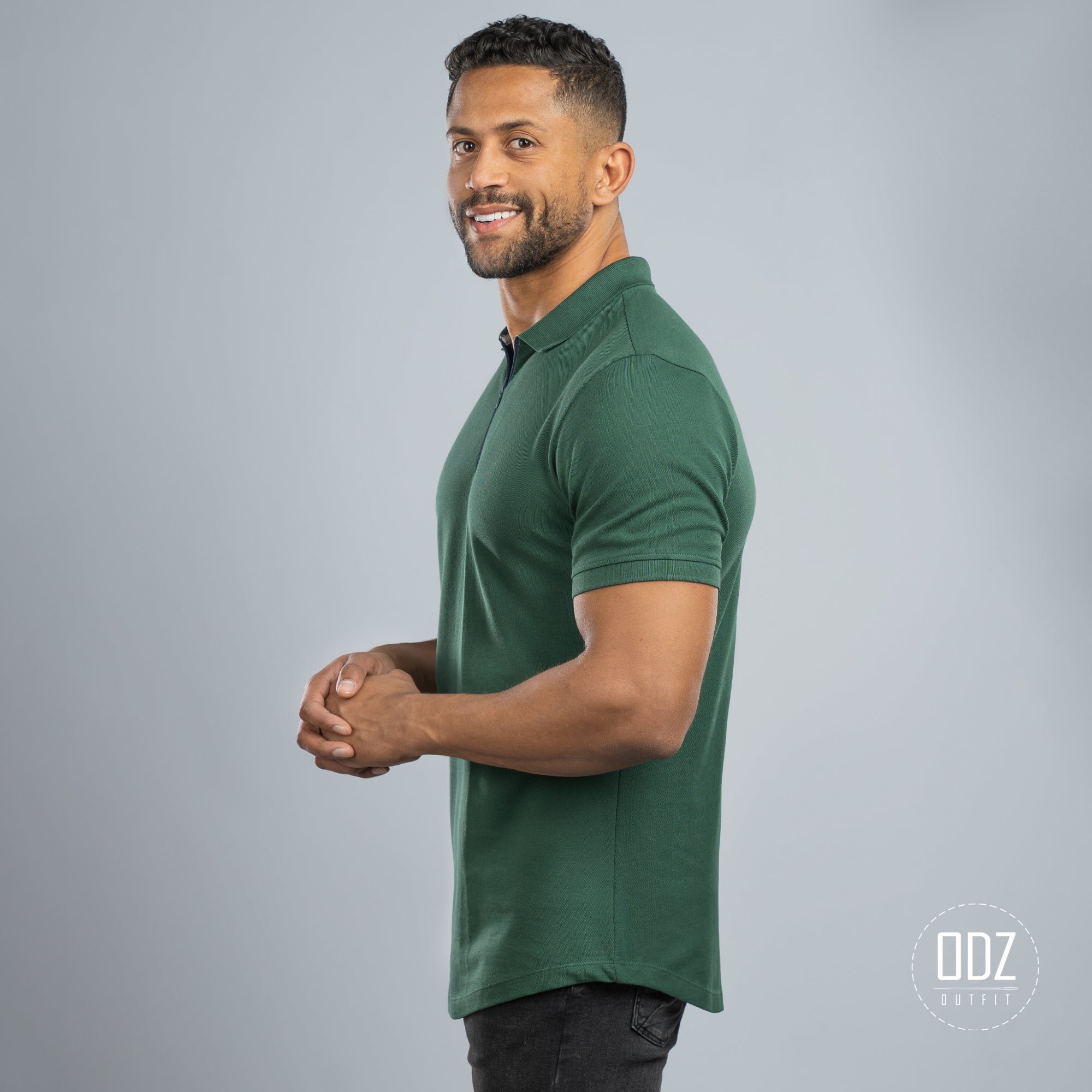 Olive Green Curved Zipper Polo T-shirt