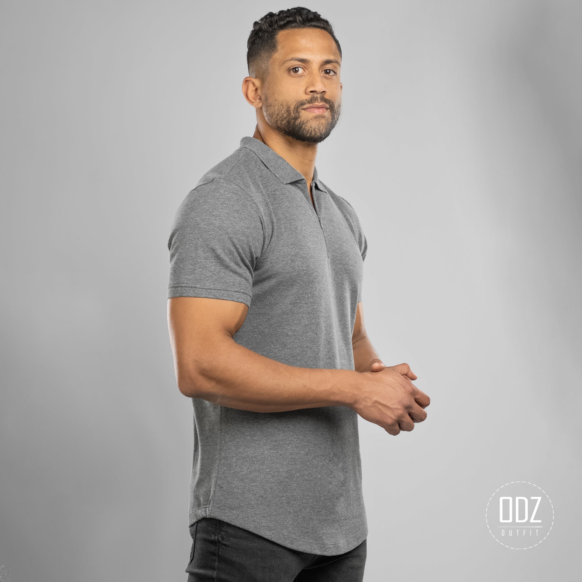 Charcoal Grey Curved Zipper Polo T-shirt